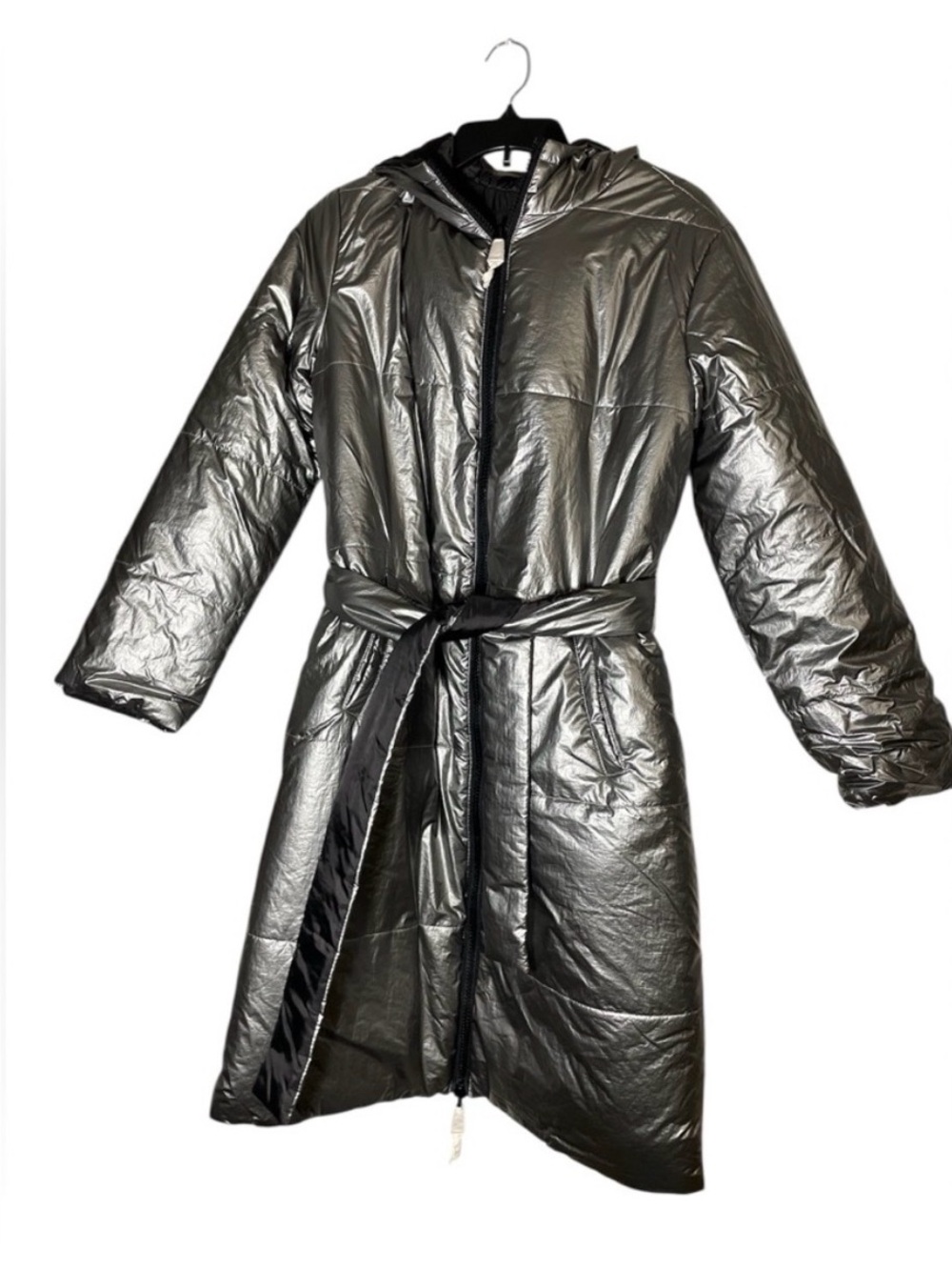 Reversible Metallic Silver Black Puffer Coat Hooded Tie Waist NWT